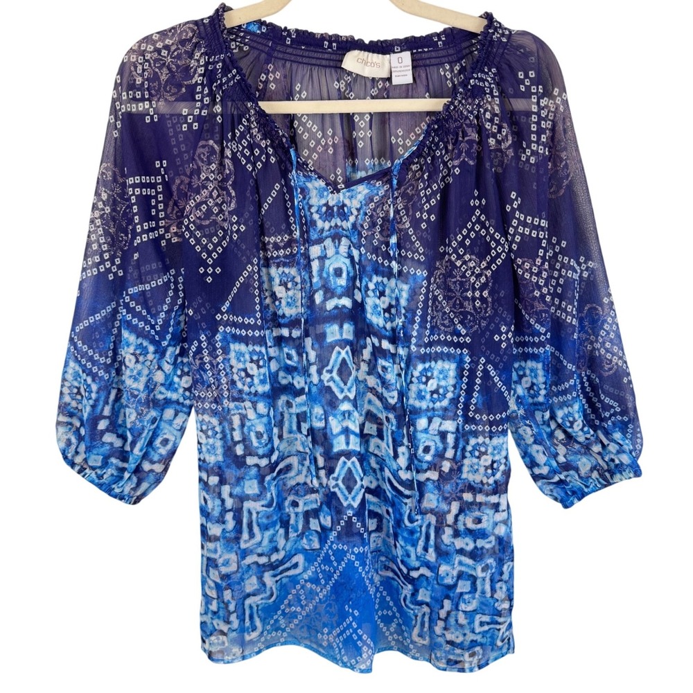 Chicos Womens Blue Purple Geometric Sheer Peasant Blouse 3/4 Sleeve Size 0 XS S